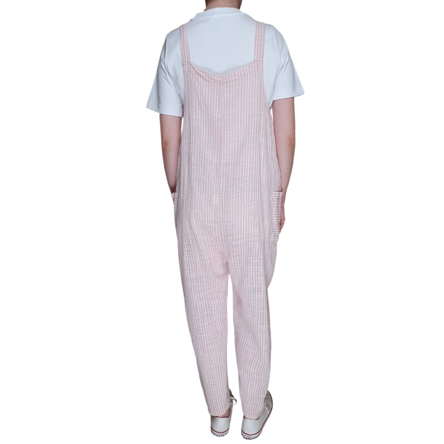 Made in Italy Clothing, Lightweight Striped Dungarees in Pastel Pink from the back
