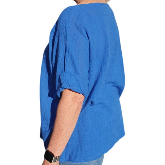 Made in Italy Clothing, Round Neck Top in Cornflower Blue from the side