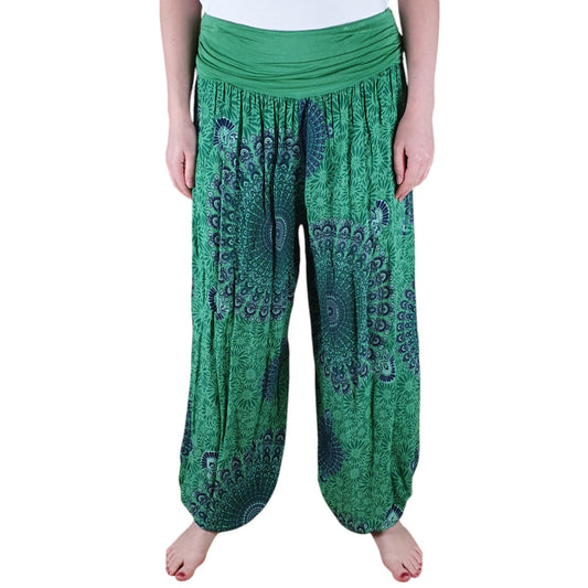 Made in Italy Clothing, Mandala Print Harem Pants in Green from the front