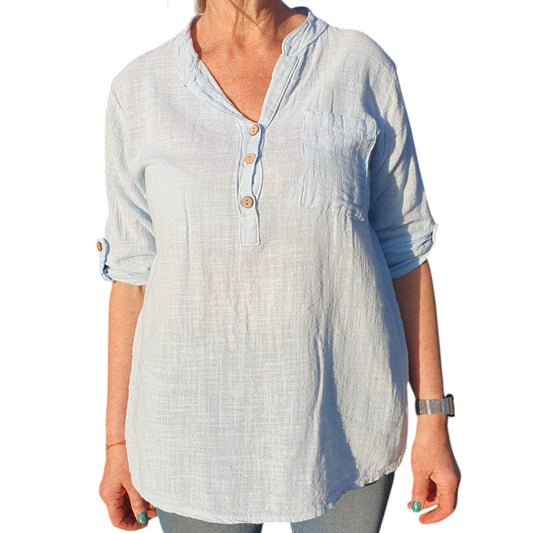 Made in Italy Clothing, Half Placket Top in Pastel Blue from the front