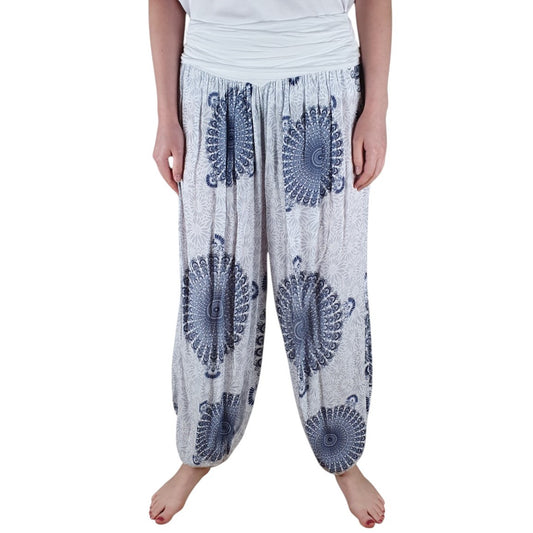 Made in Italy Clothing, Mandala Print Harem Pants in White from the front